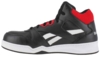 Preview: The shoe is a black basketball shoe with white stripes on the side. It has a high top and red accents on the heel with a breathable mesh material. The sole is white.