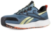 Preview: The shoe is a sporty running shoe in blue with yellow and black accents. The sole is white and features an orange, textured underside for better grip.