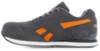 Preview: The shoe is gray and has orange accents. It is sporty, with laces and a white, flat sole. It looks modern and comfortable, ideal for casual outfits.