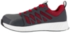 Preview: The shoe is sporty, with a gray upper and red accents. It has a flat, white sole and laces. The area around the foot is mesh-like for ventilation.