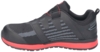 Preview: The shoe is sporty and black with red accents. The surface is made of breathable material, with textured patterns. It has a flat, non-slip sole.