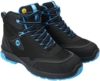 Preview: The image shows a pair of hiking boots. They are predominantly black with blue accents. The shoes feature a higher design, a textured surface, and striking laces.