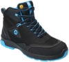 Preview: The shoe is a black, high hiking boot with blue details. It has a sturdy rubber sole and is equipped with laces that are in blue. The surface appears durable.