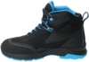 Preview: The shoe is a mid-height, black hiking boot with blue accents. It has a profiled sole and is designed for support and stability during activities.