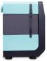 Preview: The image depicts a compact refrigerator in a modern design. It features a top light blue surface, a gray middle, and a black lower section with round feet. A durable strap binding is attached.