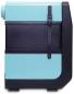 Preview: The image shows a compact, bulbous suitcase in aqua and black colors. It has a black carrying strap, a round outlet on top, and a smooth surface that looks modern.