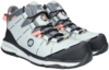 Preview: The image shows a pair of sporty shoes. They are predominantly light blue with gray and black accents. The laces are black, and there are orange details. The sole is sturdy.