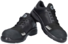 Preview: The image shows a pair of black safety shoes. They have a sporty shape, a padded sole, and reinforced toe protection. The surface features various textures and patterns.