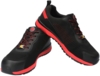 Preview: The image shows a pair of black athletic shoes. They feature red-yellow accent lines and a textured surface. The soles are sturdy and provide good grip. The laces are red.