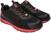 Preview: The image shows a pair of athletic shoes. They are primarily black with red accents. The surface is made of a breathable material, and the sole is sturdy with a tread.