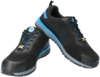 Preview: The image shows a pair of athletic shoes. They are primarily black with blue accents and a gray sole. The laces are also blue, and the shoes have a breathable upper surface.