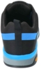 Preview: The image shows the rear view of a sports shoe. The shoe is predominantly black with a blue stripe and has a gray sole. A small handle is integrated at the heel.