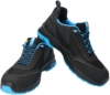 Preview: The image shows two athletic shoes. They are primarily black with blue accents, including the sole. The shoes feature a non-slip surface and laces.