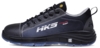 Preview: The shoe is a sporty, black half-shoe with gray and blue accents. It has a grippy, black sole and a reinforced toe cap for stability. The logo "HK5" is prominent.