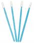 Preview: The image shows four cotton swabs. They have a long, blue shaft and two white, round heads at the ends. The swabs are evenly arranged.