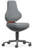 Preview: The office chair has an ergonomic, gray upholstery with a high, rounded back. It stands on a black base with five casters that make moving easier.