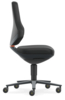 Preview: The image shows an office chair from the side. The chair has black upholstery, a high backrest, and a sturdy rolling base with five casters. The underside features a gray design.