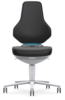 Preview: The chair has an ergonomic, black backrest that is slightly curved. The seat is oval and also black, with a blue control underneath. It stands on five casters.