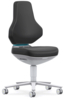 Preview: The office chair has a tall, black backrest with a gentle curve. The seat is padded and also black. It stands on a silver, rolling base with five wheels.