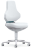 Preview: The office chair has a curved, padded backrest and a wide seat. It is white with a green accent. Four casters allow for easy movement.