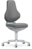 Preview: The chair has an ergonomic, gray backrest with a curved shape. The seat is also gray and lightly padded. The chair stands on a silver, rotating base with casters.