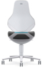 Preview: The image shows a modern office chair with a high back. The chair has a light, textured backrest and a dark seat with a blue accent line. It stands on a sturdy, rolling base.