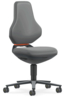 Preview: The chair has an ergonomic, gray seat and backrest. The backrest is slightly contoured, the seat is soft. It stands on a star base with five casters, which are marked yellow.