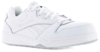 Preview: The image shows a white Reebok sneaker. It has a smooth, shiny surface, round laces, and a sporty design with side lines and a thick rubber sole profile.