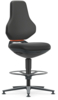 Preview: The image shows a black upholstered office chair with a high back, a round footrest, and adjustable height. The design is modern and functional.