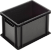 Preview: The image shows a black plastic box. It is rectangular, has sturdy walls, and an open lid. There are two handle-like cutouts on the shorter sides for easier carrying.