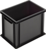 Preview: The picture shows a black, rectangular plastic box. It has open handles on the sides and a smooth surface. The corners are rounded, and the box has no lid.