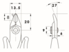 Preview: The image displays technical drawings of pliers. On the left is the front view with dimensions: 13.5 mm width, 20 mm height, 8 mm distance. On the right is a side view with a length of 27 mm.