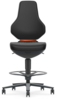 Preview: The image shows a black office chair with a high backrest. The seat is padded and has a round footrest. The chair is mounted on five casters.