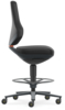 Preview: The image shows a modern office chair in black. It features an ergonomic backrest, a wide seat, and is mounted on a swivel base with five casters. A foot ring is present.