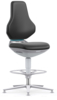 Preview: A black swivel chair with a high backrest. It has a padded seat and an adjustable footrest. The base is made of silver-colored metal with five legs.