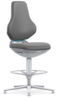 Preview: The chair has a tall, contoured backrest and a wide, padded seat in gray. It stands on an adjustable, silver base and has a foot ring for better support.