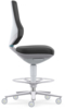 Preview: The image shows a modern office chair in a side view. It has a tall, ergonomic backrest, a black seat, and is mounted on a chromed base with casters.