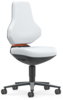 Preview: The office chair features an ergonomic, white upholstery with a high backrest. It is mounted on a black, rolling base, has a curved shape, and a sleek, modern look.