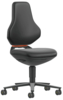 Preview: The chair is ergonomically shaped with a high backrest. It has black upholstery and a swivel base with wheels. An orange accent line is visible.