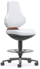 Preview: The chair has a high, ergonomic backrest and a wide seat. It is upholstered in white, has a black base with casters, and a foot ring for support.