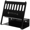 Preview: This is a black, metal holder with vertical slots. It has a stable base and is used for storing devices or tools. The slots on top allow for air circulation.