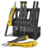 Preview: In the picture, various power tools are arranged on a black stand. These include a pair of pliers and several screwdrivers with yellow handles and ESD marking.