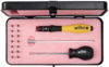 Preview: The image shows a black toolbox with a pink foam interior. Inside, there is a yellow screwdriver, a black screwdriver, and several attachments.