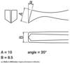 Preview: Das Bild zeigt technische Zeichnungen einer Form mit zwei Maßen: A (10 mm) und B (8,5 mm). Es gibt einen Winkel von 20°. Die Formen sind schematisch dargestellt.