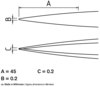 Preview: Das Bild zeigt eine technische Illustration mit drei Maßen: A (45 mm), B (0,2 mm) und C (0,2 mm). Es gibt zwei parallele Linien, die sich nach rechts verjüngen.