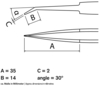 Preview: The image depicts a sketched pair of pliers with various dimensions: A = 35 mm, B = 14 mm, C = 2 mm, and an angle of 30°. Measurements are labeled for clarity.