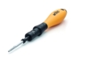 Preview: The image shows an orange screwdriver with a black handle. The head has a replaceable attachment that protrudes at the front and is adjustable in various ways.