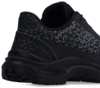 Preview: The image shows the rear part of a black sports shoe. The surface has a triangular pattern, and a light blue seam runs along the side. The sole is sturdy with good grip.