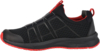 Preview: The shoe is sporty and low-cut, predominantly made of black mesh with red accents. It has a flexible, grippy sole and elastic laces for easy entry.