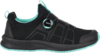 Preview: The shoe is black with turquoise accents. It features a lightweight, breathable upper and a flexible sole. There is a quick closure system on the side.